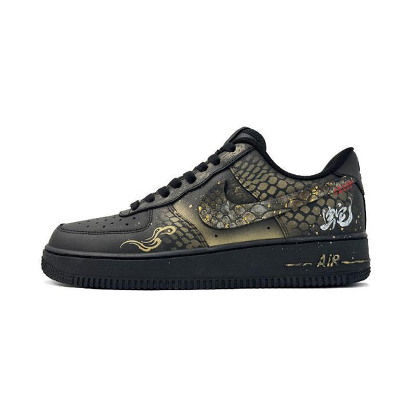 [Custom Black gold for men's New Year with the Spirit Snake]  Air Force 1 Skateboard Shoes Unisex Low-Top Gold