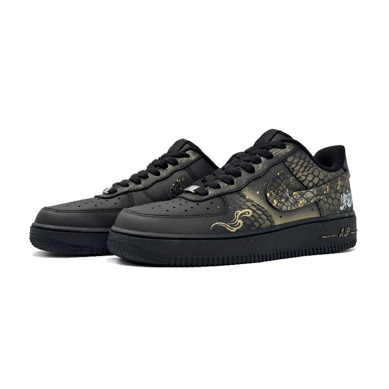 [Custom Black gold for men's New Year with the Spirit Snake]  Air Force 1 Skateboard Shoes Unisex Low-Top Gold