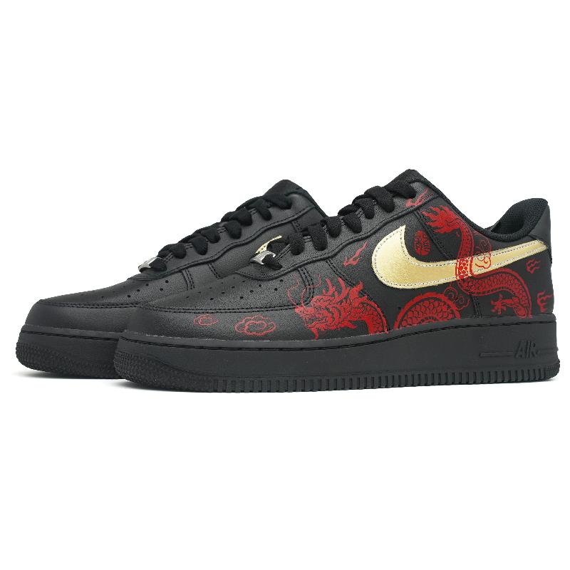[Custom Red and Golden Cloud Dragon]  Air Force 1 Skateboarding Shoes Men Low-top Black