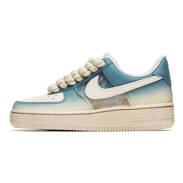 [Custom Denim retro gradient blue C]  Air Force 1 Skateboarding Shoes Men Low-top Blue/beige