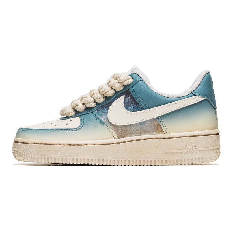 [Custom Denim retro gradient blue C]  Air Force 1 Skateboarding Shoes Men Low-top Blue/beige