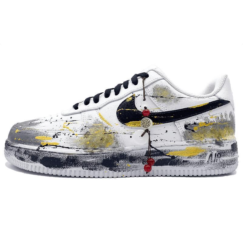 [Custom Black ink flows with gold]  Air Force 1 Skateboard Shoes Unisex Low-Top Ink/Gold