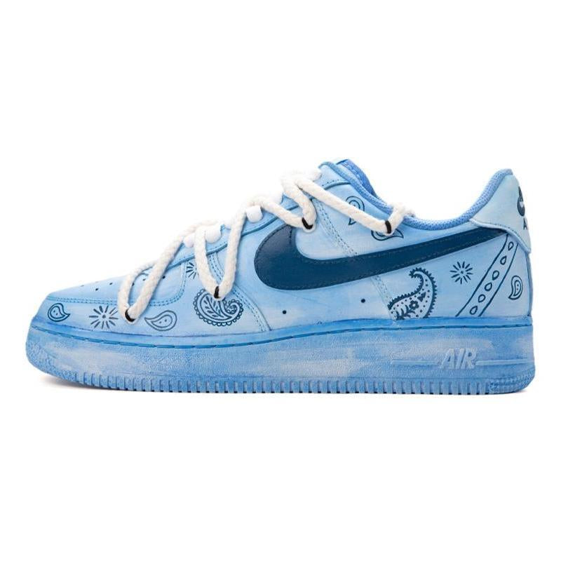 [Custom AF1 male blue-black cashew flower]  Air Force 1 Skateboarding Shoes Men Low-top Blue/Black