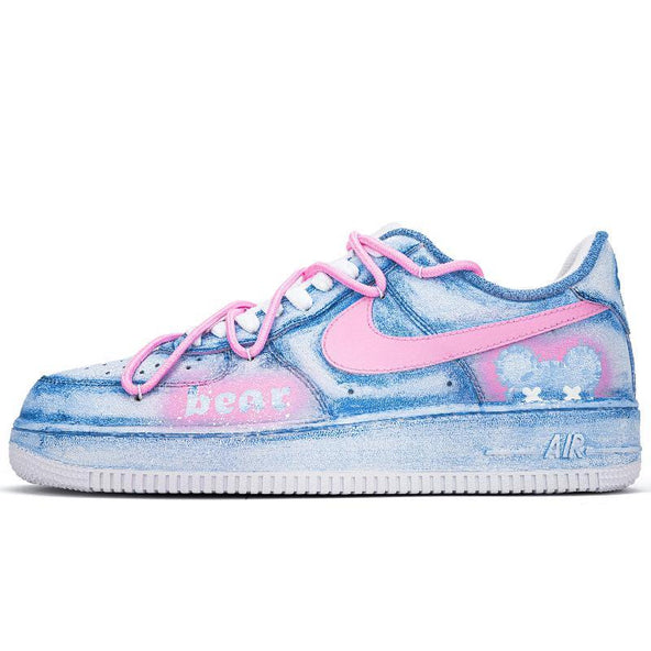 [Custom Blue and pink patch bear]  Air Force 1 Skateboarding Shoes Unisex Low-top Blue/pink