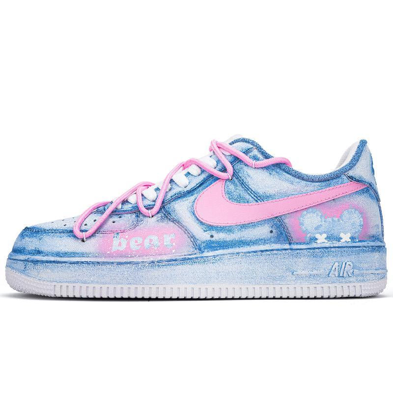 [Custom Blue and pink patch bear]  Air Force 1 Skateboarding Shoes Unisex Low-top Blue/pink
