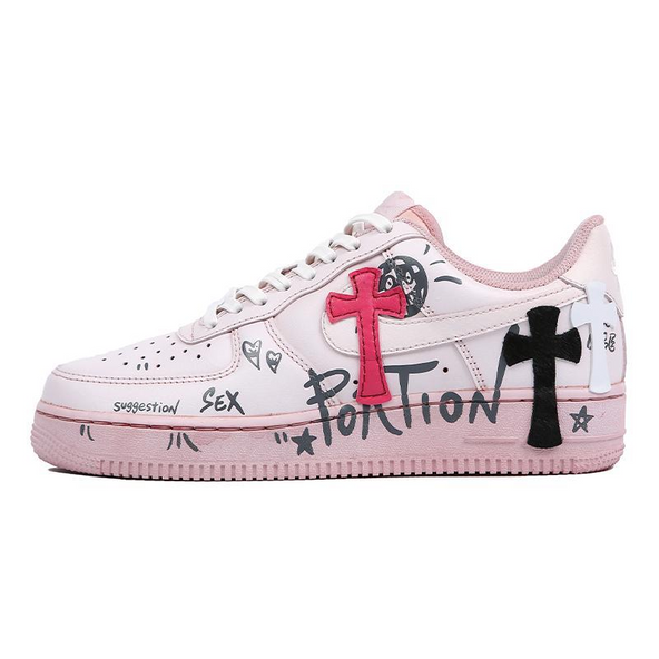 [Custom Men's pink cross]  Air Force 1 Skateboarding Shoes Men Low-top White/powder