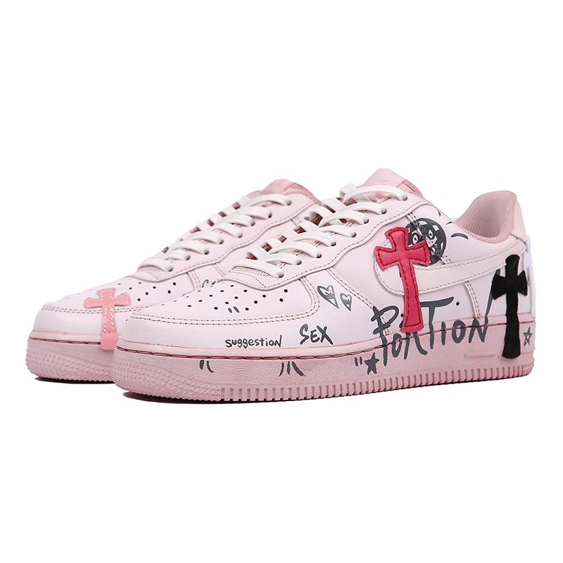 [Custom Men's pink cross]  Air Force 1 Skateboarding Shoes Men Low-top White/powder