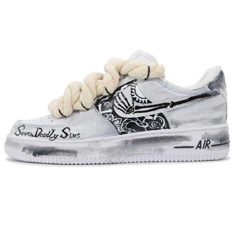 [Custom Men's steel bones]  Air Force 1 Skateboard Shoes Men Low-Top Black/Gray/Beige