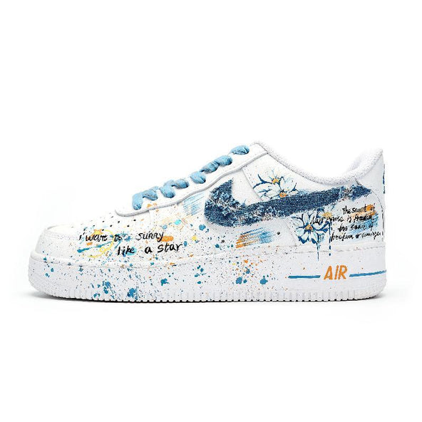 [Custom Blue daisies]  Air Force 1 Skateboard Shoes Men Low-Top White