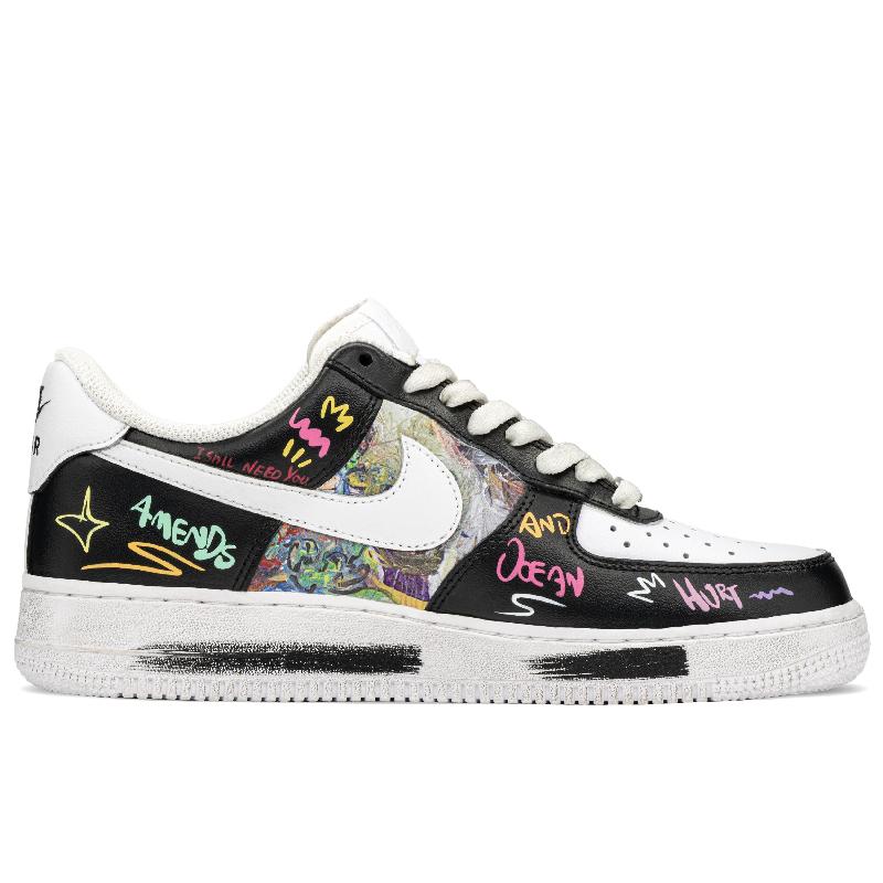 [Custom Street graffiti]  Air Force 1 Skateboarding Shoes Low-top Black/white  Unisex