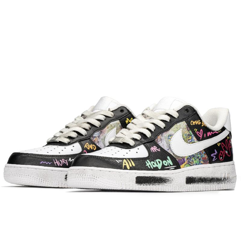 [Custom Street graffiti]  Air Force 1 Skateboarding Shoes Low-top Black/white  Unisex