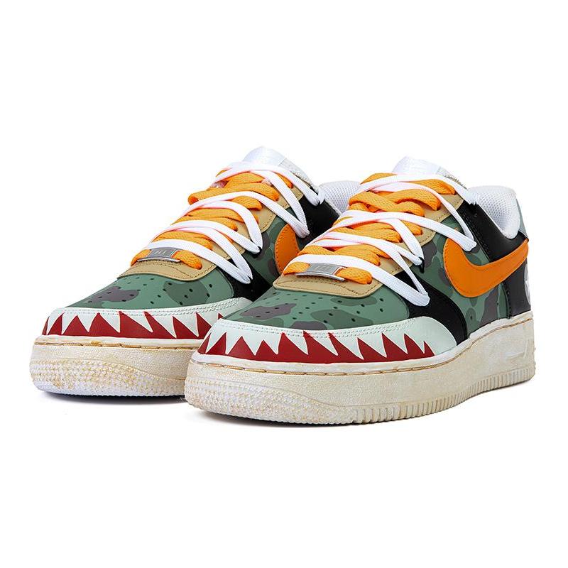[Custom Men's military green camouflage deconstructed wind shoelaces]  Air Force 1 Skateboarding Shoes Men Low-top White