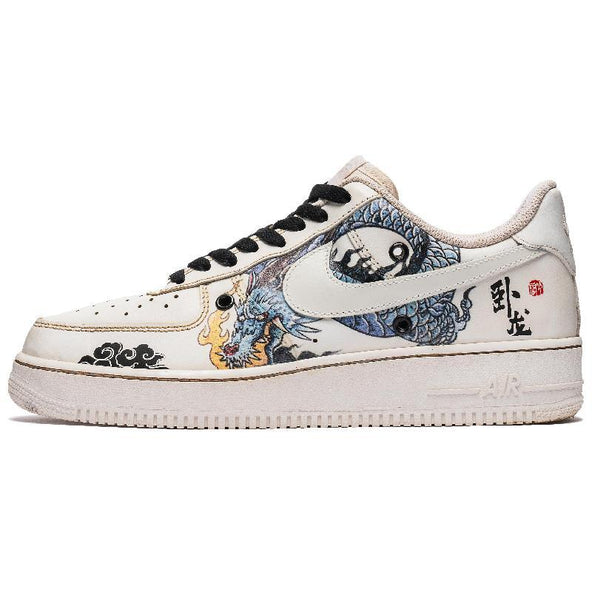 [Custom Men's Sleeping Dragon in black and brown]  Air Force 1 Skateboarding Shoes Men Low-top White