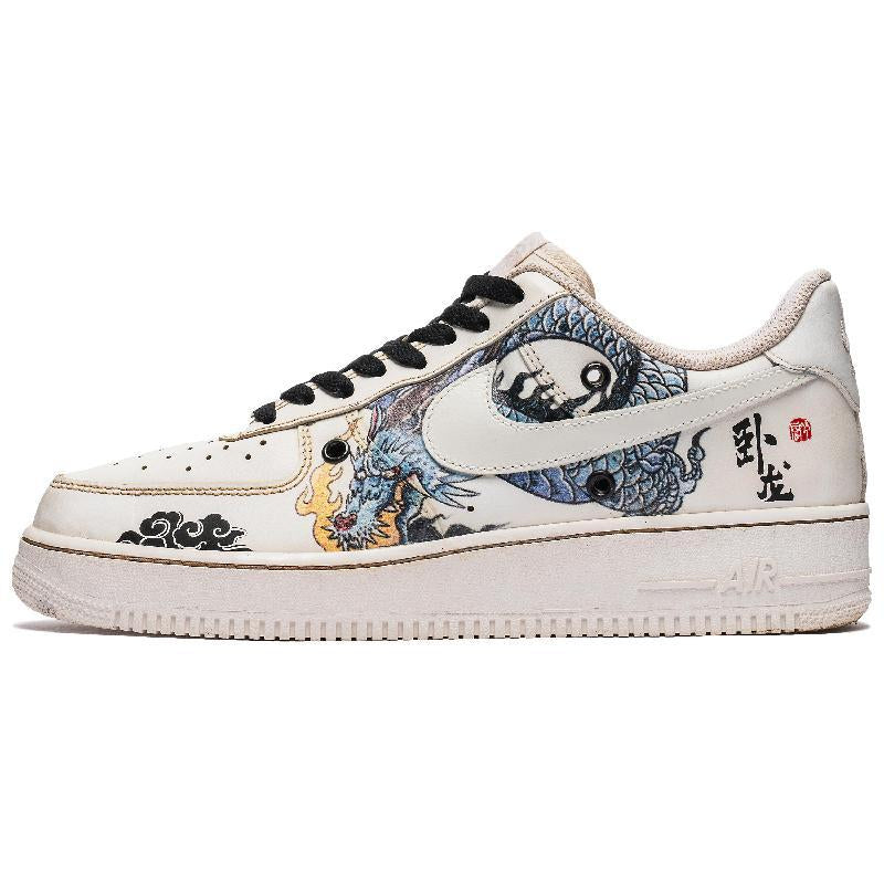 [Custom Men's Sleeping Dragon in black and brown]  Air Force 1 Skateboarding Shoes Men Low-top White