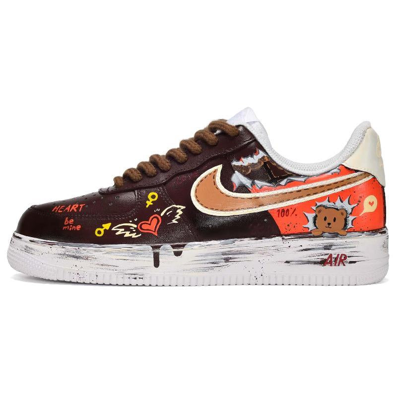 [Custom Chocolate heart bears for both men and women]  Air Force 1 Skateboard Shoes Unisex Low-Top White/Brown/Red