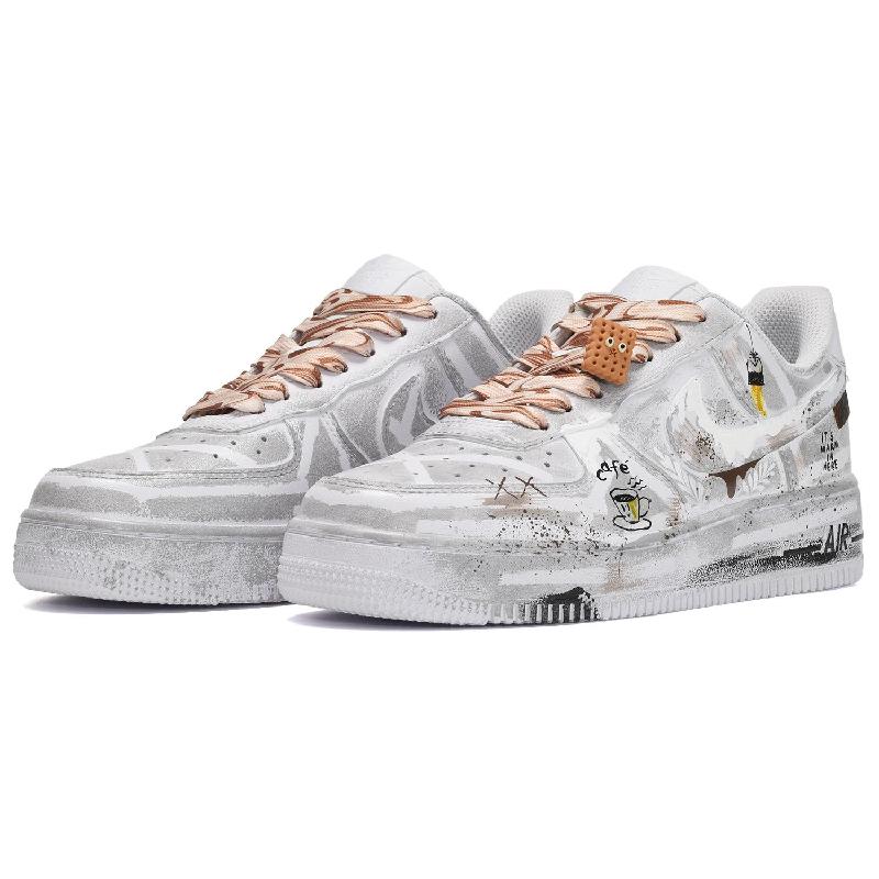 [Custom Men's cappuccino in gray and white]  Air Force 1 Skateboarding Shoes Men Low-top Gray/White