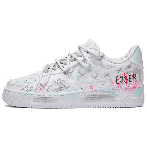 [Custom Men's little love story in gray, white and blue]  Air Force 1 Skateboarding Shoes Men Low-top Gray/White/Blue