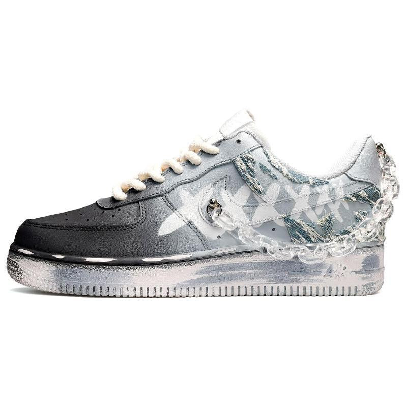[Custom Men's gradient black, white and blue]  Air Force 1 Skateboarding Shoes Men Low-top University Blue/Black/White