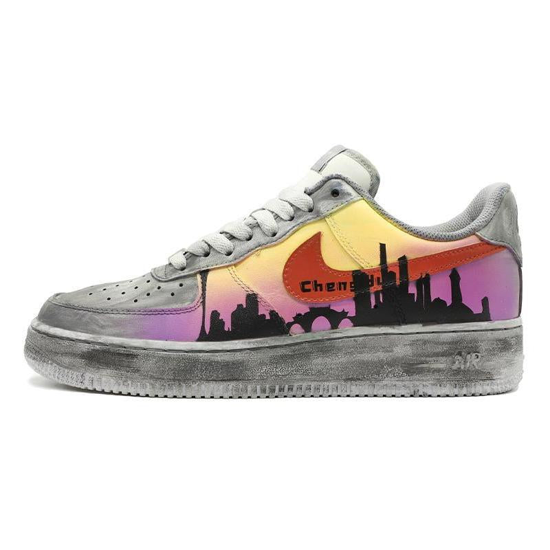 [Custom Men's limited edition Chengdu city grey, purple and yellow]  Air Force 1 Skateboarding Shoes Men