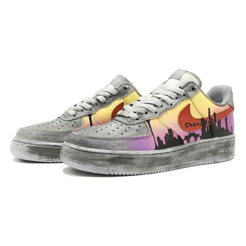 [Custom Men's limited edition Chengdu city grey, purple and yellow]  Air Force 1 Skateboarding Shoes Men