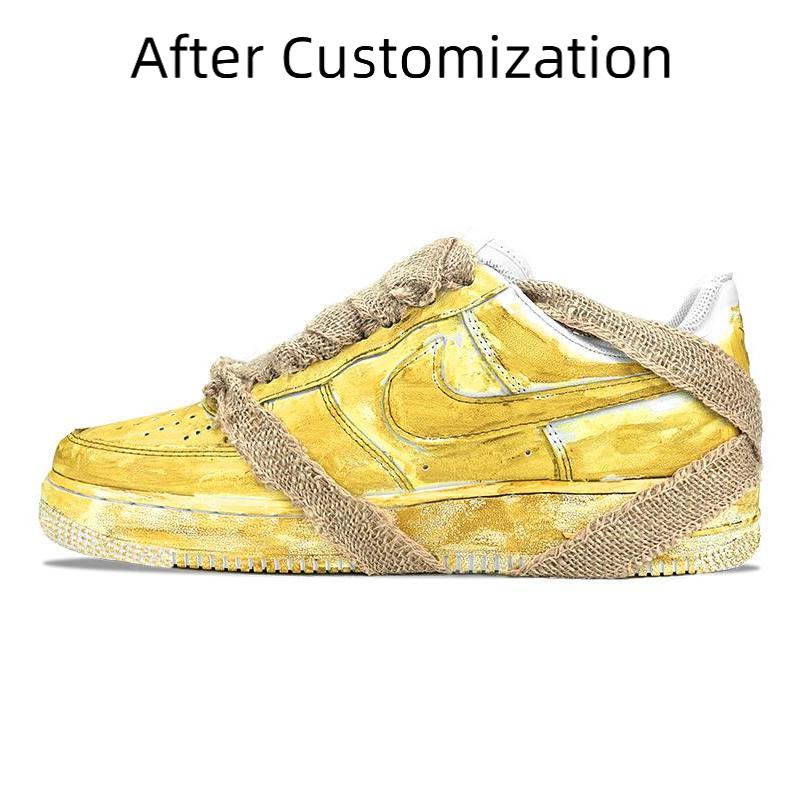 [Custom Men's tie-dyed aged yellow] Nike Air Force 1 Skateboarding Shoes Men Low-top Yellow