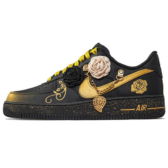 [Custom Black gold rose for women]  Air Force 1 Skateboard Shoes Women's Low-Top Black/Gold