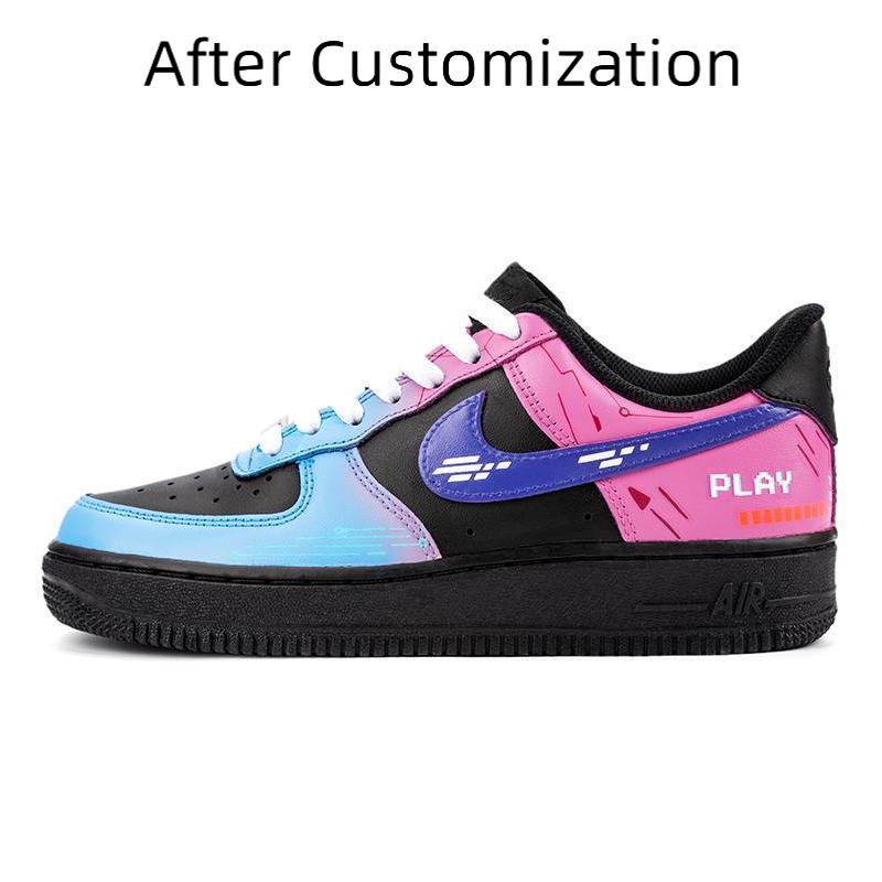 [Custom AF1 Cybergame Black] Nike Air Force 1 Skateboarding Shoes Women's Low-top Black/blue/purple/pink