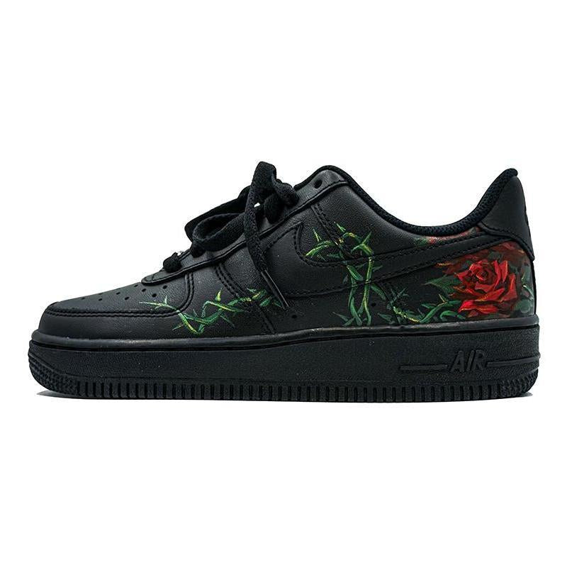 [Custom Thorny rose hand-painted Valentine's Day]  Air Force 1 Skateboarding Shoes Women's Low-top Red/Black