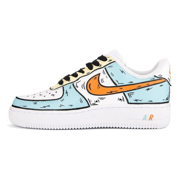 [Custom Female cartoon 2D style blue, orange and yellow]  Air Force 1 Skateboarding Shoes Women's Low-top Blue/Orange/Yellow