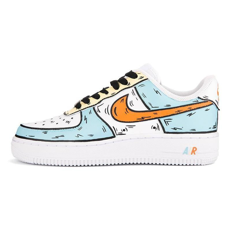 [Custom Female cartoon 2D style blue, orange and yellow]  Air Force 1 Skateboarding Shoes Women's Low-top Blue/Orange/Yellow