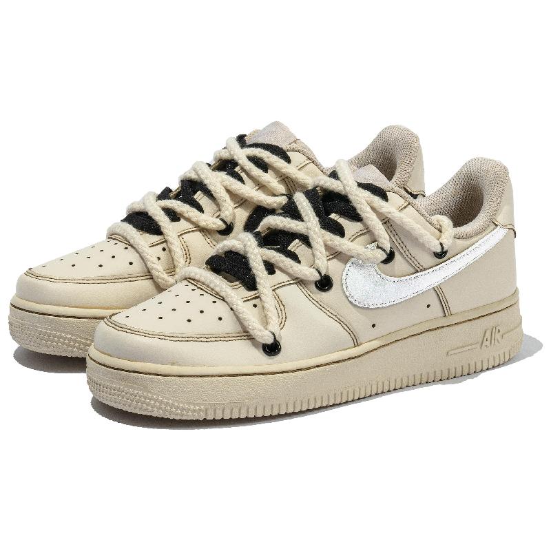 [Custom Women's coffee silver]  Air Force 1 Skateboard Shoes Women's Low-Top Beige/Silver