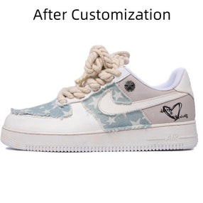 [Custom Women's retro star denim in off-white and brown] Nike Air Force 1 Skateboarding Shoes Women's