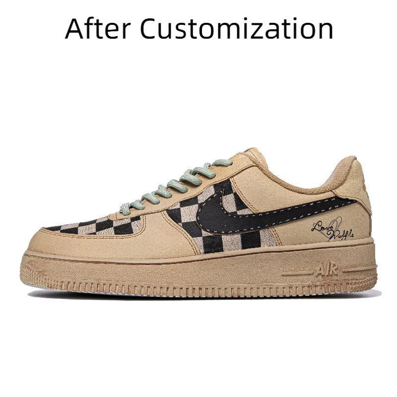 [Custom Women's heart-shaped waffle beige white and brown] Nike Air Force 1 Skateboarding Shoes Women's Low-top Brown/brown/beige