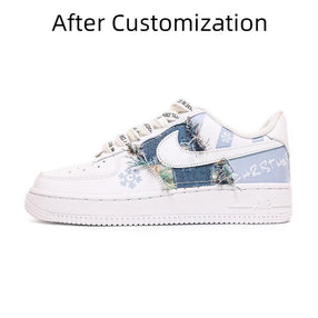 [Custom Christmas-themed blue denim for destructive women] Nike Air Force 1 Skateboarding Shoes Women's Low-top Blue