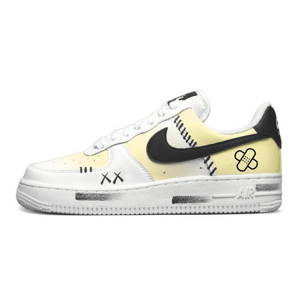 [Custom Black and yellow band-aids]  Air Force 1 Skateboard Shoes Women's Low-Top White/Black Yellow