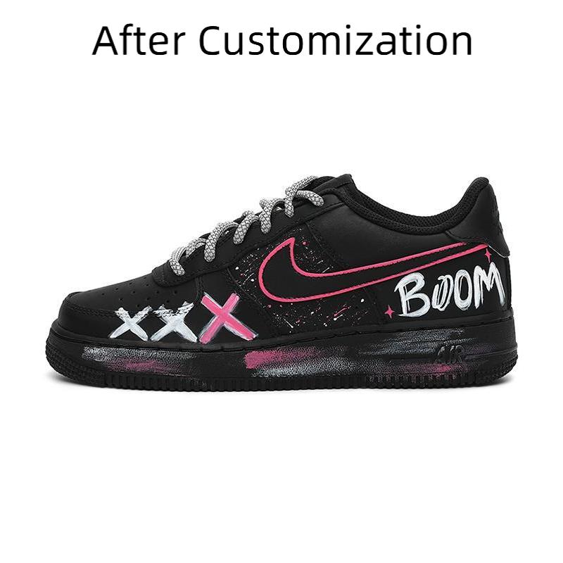 [Custom Women's high street dark ink-wash black rose] Nike Air Force 1 Skateboarding Shoes Women's