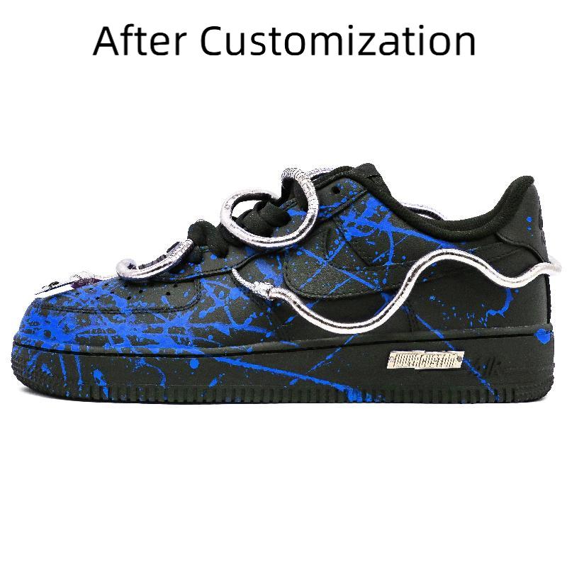 [Custom Tengshe blue for women] Nike Air Force 1 Skateboarding Shoes Women's Low-top Black/Blue/Silver
