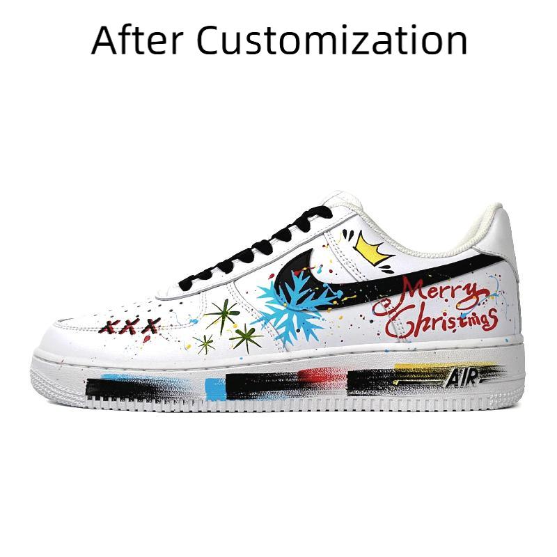 [Custom Snowfall Christmas women's style black and white] Nike Air Force 1 Skateboarding Shoes Women's Low-top White