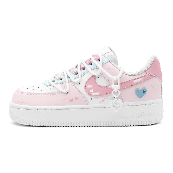 [Custom Blue and Pink heart]  Air Force 1 Skateboarding Shoes Women's Low-top Blue/pink/white