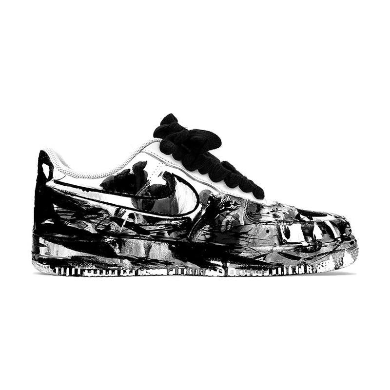 [Custom Female style in black, white and grey with ink charm]  Air Force 1 Skateboarding Shoes Women's Low-top Black/white/gray