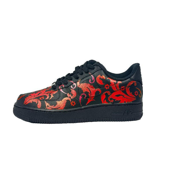 [Custom Fiery red flowers]  Air Force 1 Skateboard Shoes Unisex Low-Top Black/Red