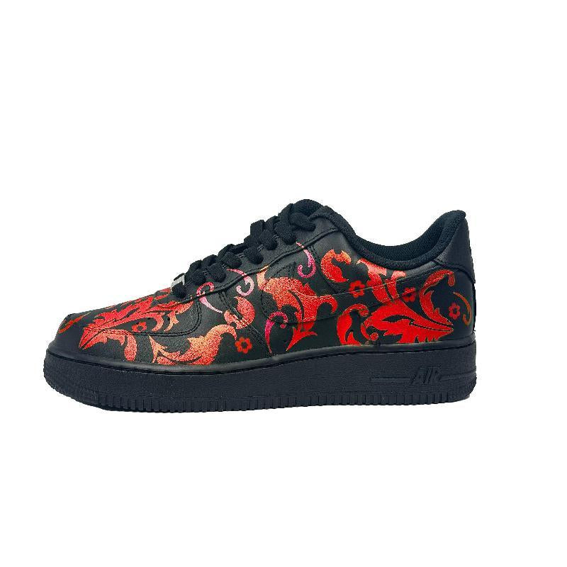 [Custom Fiery red flowers]  Air Force 1 Skateboard Shoes Unisex Low-Top Black/Red