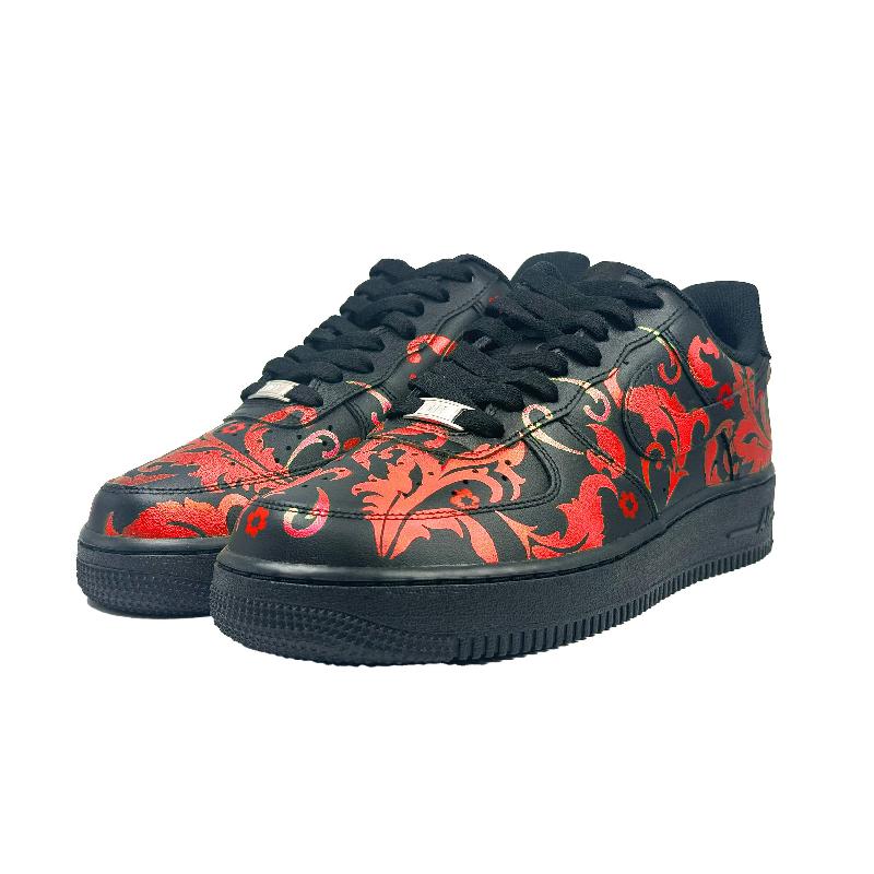 [Custom Fiery red flowers] Nike Air Force 1 Skateboard Shoes Unisex Low-Top Black/Red