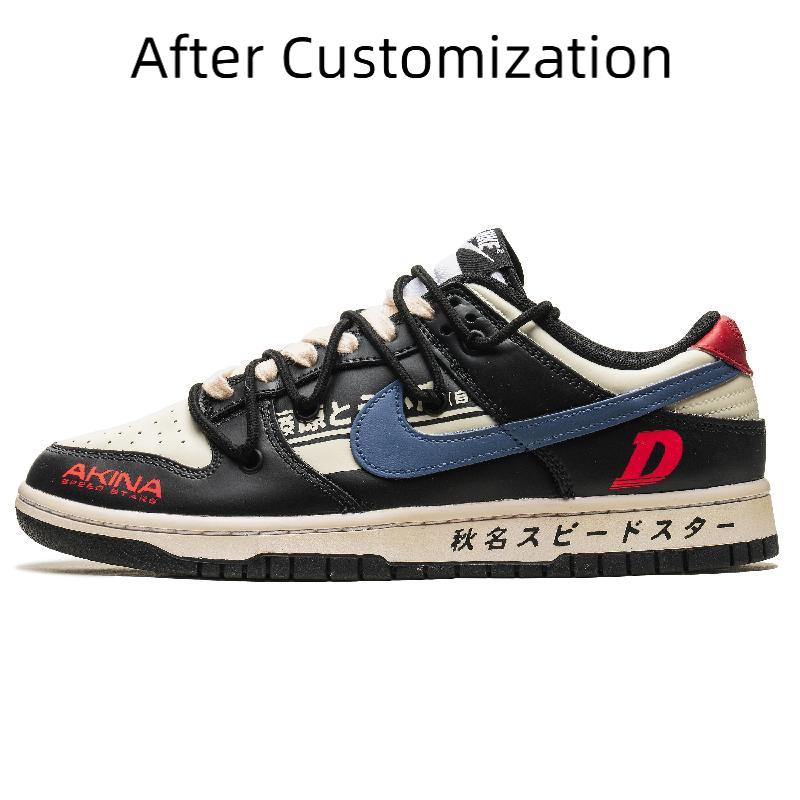 [Custom Deep blue forward line] Nike Dunk Skateboarding Shoes Unisex Low-top White/Black/Blue