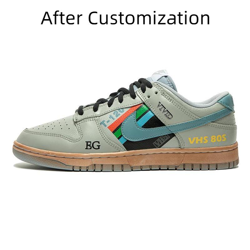 [Custom Men's striped cyan grey G-BOX] Nike Dunk Skateboarding Shoes Men Low-top Dark Gray