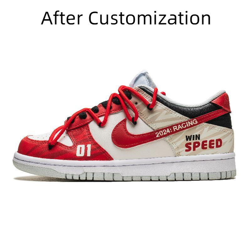 [Custom Men's top-secret racing in white and red] Nike Dunk Skateboarding Shoes Men Low-top White/red