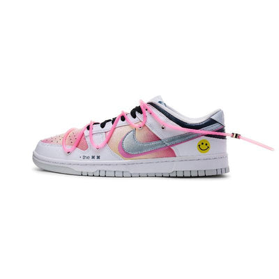 [Custom Pink mesh pattern]  Dunk Skateboarding Shoes Men Low-top White/pink/silver