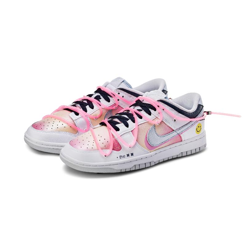 [Custom Pink mesh pattern]  Dunk Skateboarding Shoes Men Low-top White/pink/silver