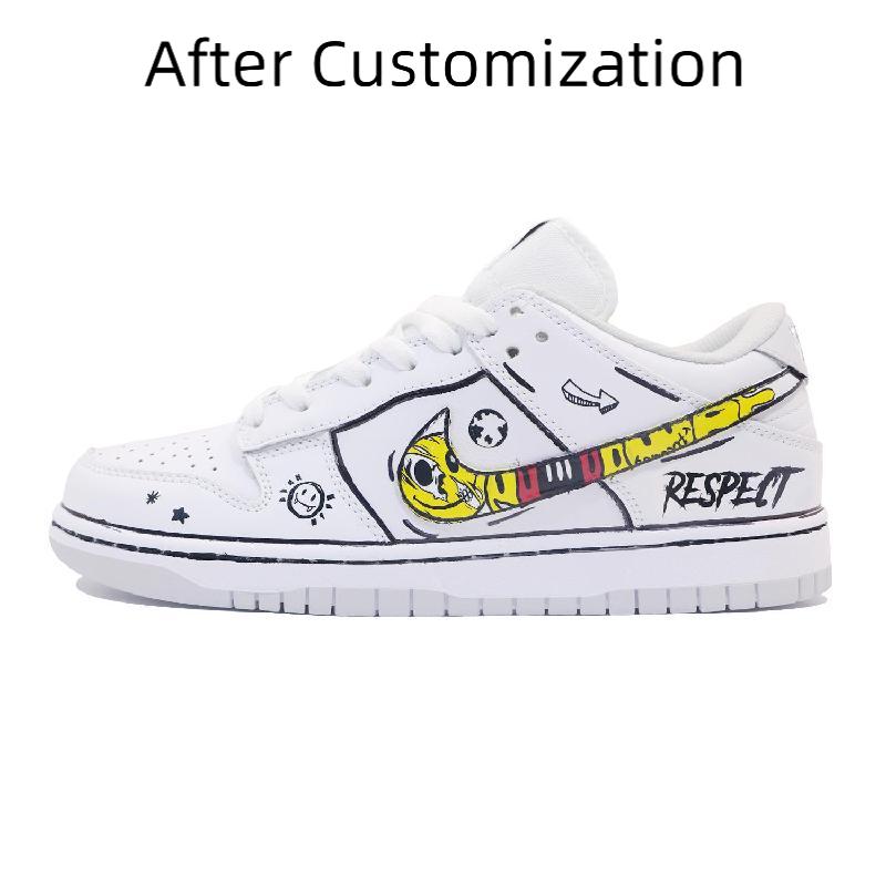 [Custom White 2D hand-drawn pictures] Nike Dunk Skateboarding Shoes Men Low-top White/yellow/black