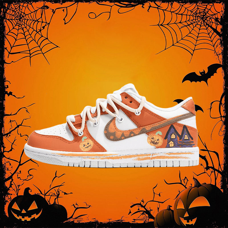 [Custom Witchy Pumpkin's Spooky Night] Dunk Skateboarding Shoes Unisex Low-top Orange/White